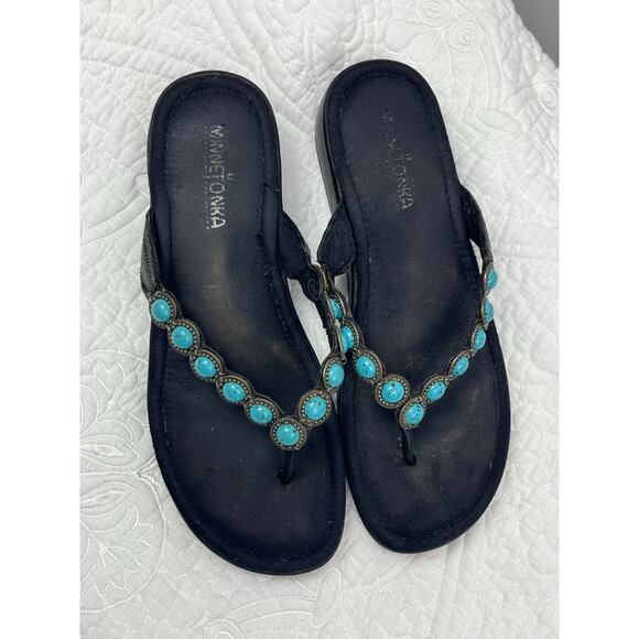 Minnetonka Women's Size 8 Blue/Black Faux Turquoise T-Post Wedge Sandals Comfort - Picture 6 of 10